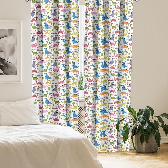 Ambesonne Dino Window Curtains, Cartoon Style Colorful Dinosaurs T-Rex Triceratops Prehistoric Reptile Wildlife, Lightweight Decor 2-Panel Set with Rod Pocket, Pair of - 28" x 84", Blue Green