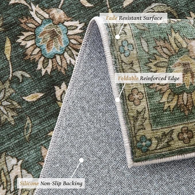Washable 9x12 Area Rugs for Living Room, Boho Non-Slip Silicone Backing Rugs for Bedroom Dining Room Nursery Office, 0.3" Neutral Oriental Throw Carpet with 0.16" Cushioning Pad, Sage Green/Multi