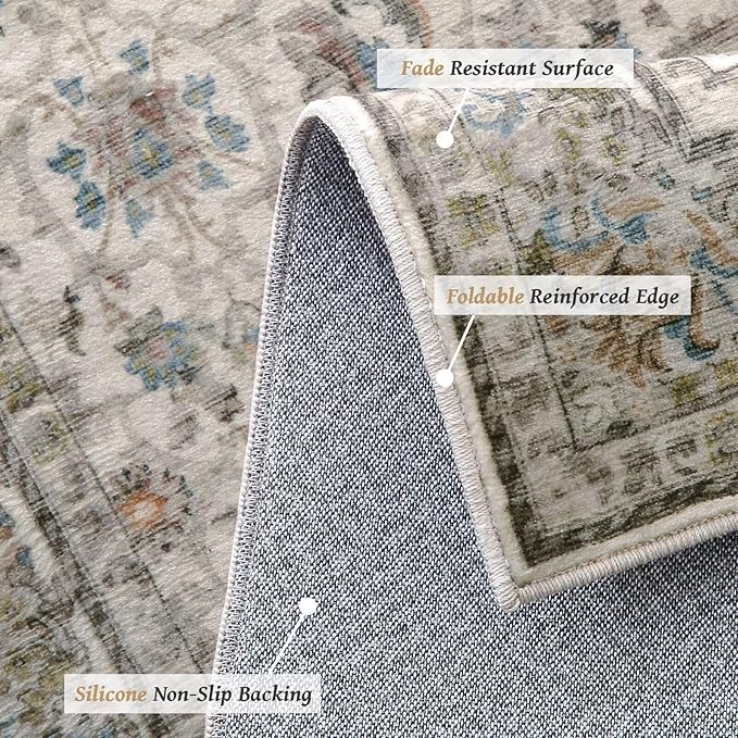 Washable 10x14 Area Rugs for Living Room, Boho Non-Slip Silicone Backing Rugs for Bedroom Dining Room Office, 0.3" Neutral Oriental Throw Carpet with 0.16" Cushioning Pad, Cream/Multi