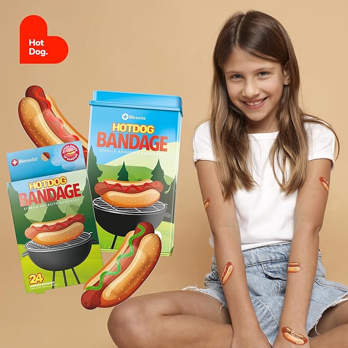 BioSwiss Bandages, Hot Dog Shaped Self Adhesive Bandage, Latex Free Sterile Wound Care, Fun First Aid Kit Supplies for Kids, 50 Count