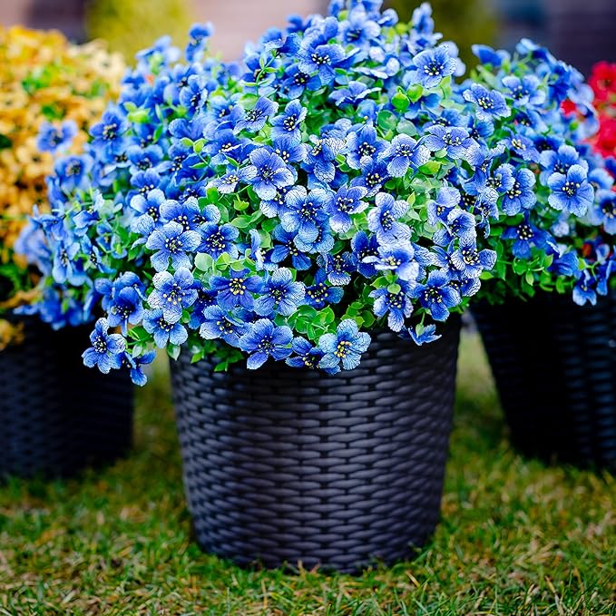 Artificial Flowers for Outdoors Fake Plants - 16 Bundles Faux Outside Greenery Boxwood No Fade Plastic Shrubs Fall Decor Farmhouse Home Garden (Blue)