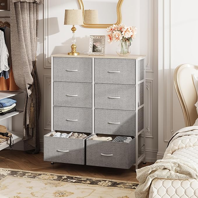 WLIVE Fabric Dresser for Bedroom, Tall Dresser with 8 Drawers, Storage Tower with Fabric Bins, Double Dresser, Chest of Drawers for Closet, Playroom, Dormitory, Light Grey