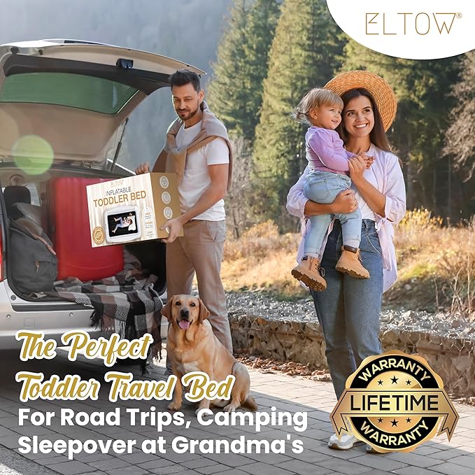 ELTOW Toddler Blow-Up Mattress with Sides, Inflatable Toddler Travel Bed with Safety Bumpers, Portable Kids Air Mattress for Travel, Complete Set with High-Speed Pump & Carry Bag - Black
