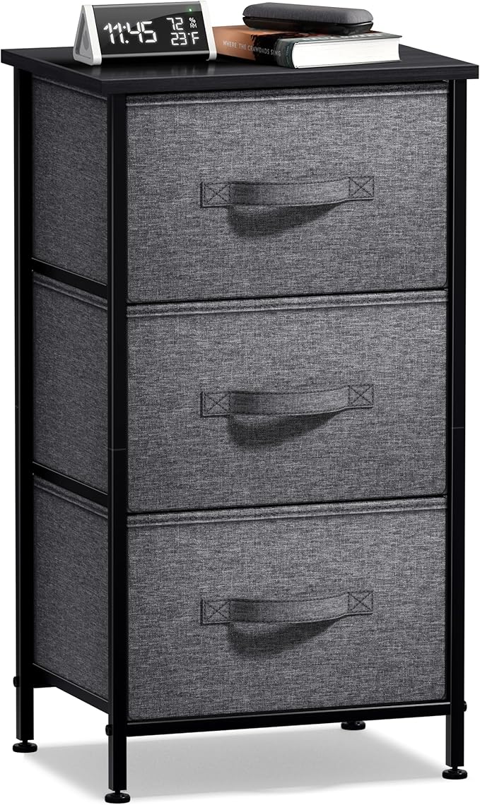 Sorbus Nightstand with 3 Drawers - Bedside Furniture & Night Stand End Table Dresser with Steel Frame, Wood Top, Easy Pull Fabric Bins for Home, Bedroom Accessories, Office & Dorm