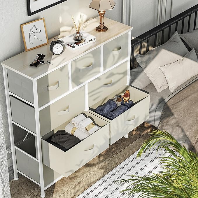 YITAHOME Dresser with 9 Drawers - Fabric Storage Tower, Organizer Unit for Living Room, Hallway, Closets - Sturdy Steel Frame, Wooden Top & Easy Pull Fabric Bins (Cream White)