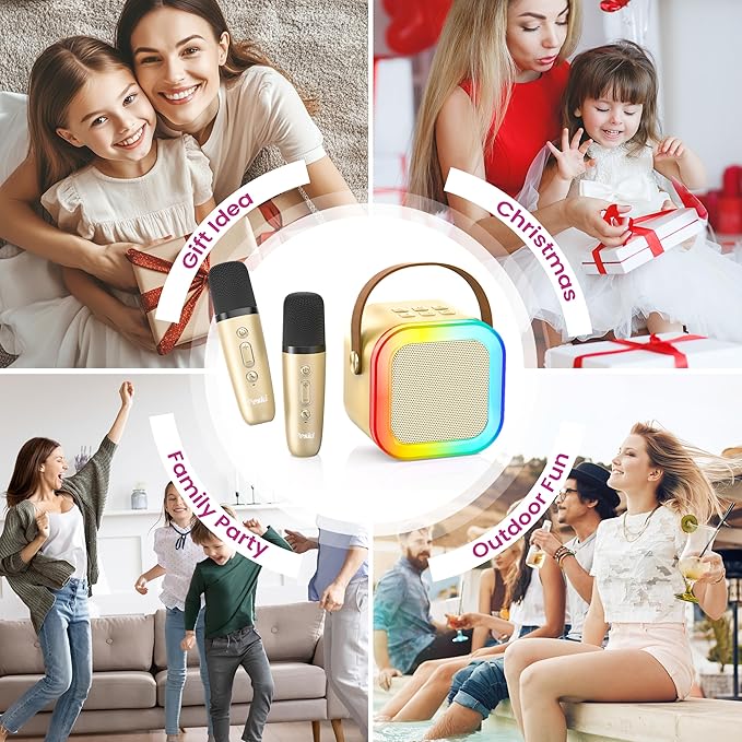 Mini Karaoke Machine for Kids Adults, Portable Karaoke Microphone Singing Speaker Bluetooth Karaoke Player with 2 Wireless Mic, Birthday Gifts for Girls Boys 4-12 Year Old, Family Home Party(Gold)