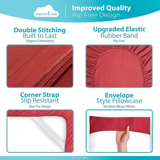 DREAMCARE Twin XL Sheet Sets – 3pcs Cooling Sheets – up to 15” Deep Pocket Twin XL Sheets Set – Hotel Luxury Sheets & Pillowcases – Superior Softness 100% Fine Microfiber with Side Pocket – Burgundy
