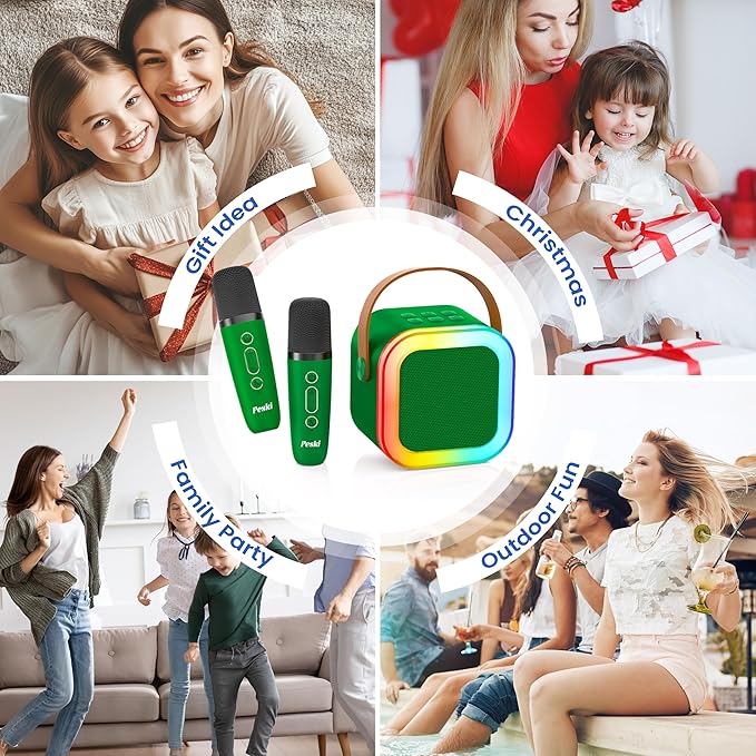 Mini Karaoke Machine for Kids Adults, Portable Bluetooth Mini Karaoke Microphone Singing Speaker Karaoke Player with 2 Wireless Mic, for All Smartphones,Birthday, Family,Home Party (Dark Green)