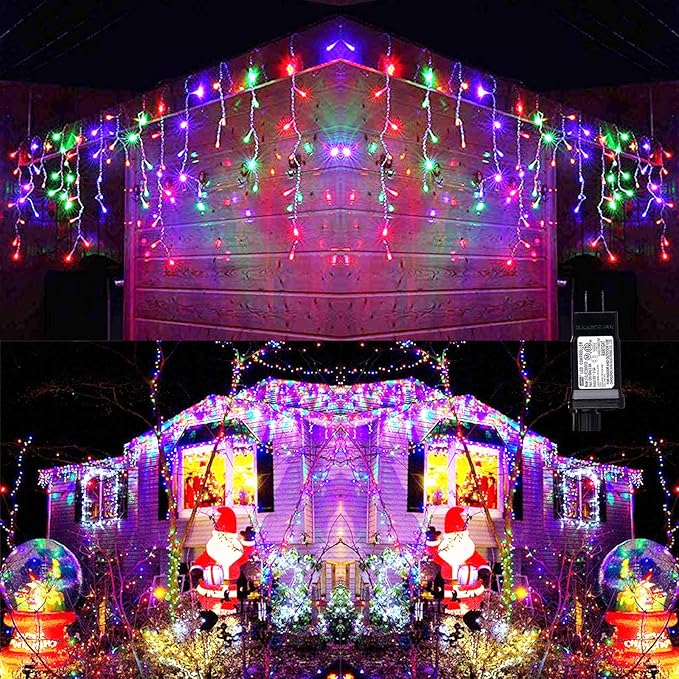 Toodour Christmas Icicle Lights Outdoor, 360 LED 29.5ft 8 Modes Fairy Icicle String Light with 60 Drops, Led Christmas Lights Twinkle for Holiday, Party, Wedding, Eaves, Xmas Decorations (Multicolor)