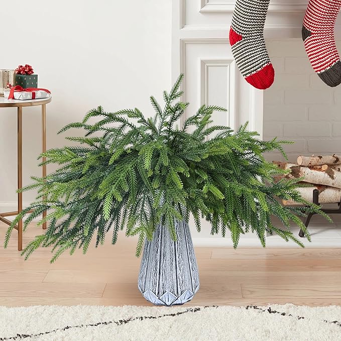 12 Pcs Realistic Christmas Pine Branches Artificial Lifelike Green Pine Stem - Real Touch for Vase DIY Crafts Flower Arrangement Home Indoor Christmas Decor(18 Inch)