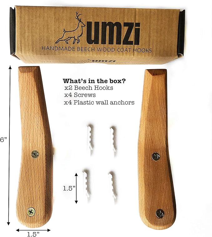 UMZi Wood Wall Hooks, 2 Pack Coat Hooks Mounted Rustic Wooden Heavy Duty Robe Hook Hat Rack | for Hanging Bathroom Towels Clothes Hanger (Beech Wood)