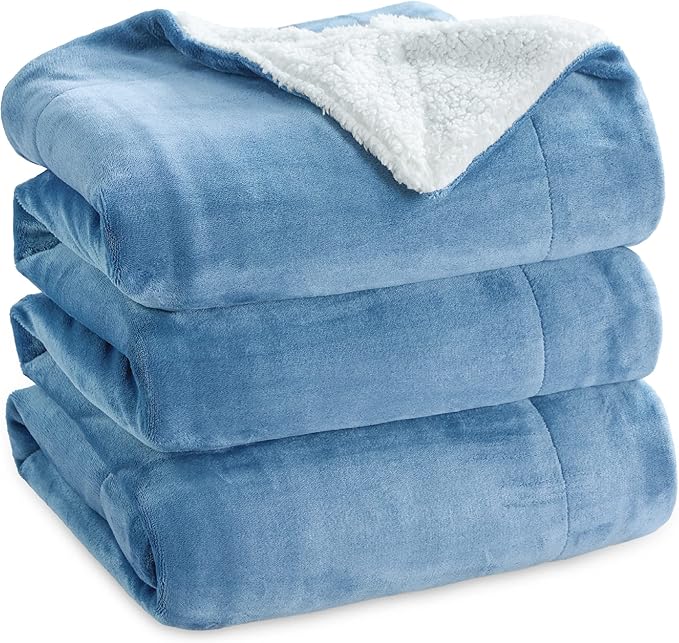 Bedsure GentleSoft Sherpa Fleece Blankets Queen Size for Bed - Thick and Warm Throw for Women and Men, Soft Fuzzy Plush Queen Blanket for Winter, Washed Blue, 90x90 Inches