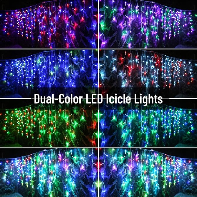 Toodour Christmas Icicle Lights Outdoor, RGB Color Changing Icicle Light with 60 Drops, 29.5ft 360 LED Christmas Lights - Window Fairy Twinkle Light for Home, Garden, Outdoor Xmas Decorations