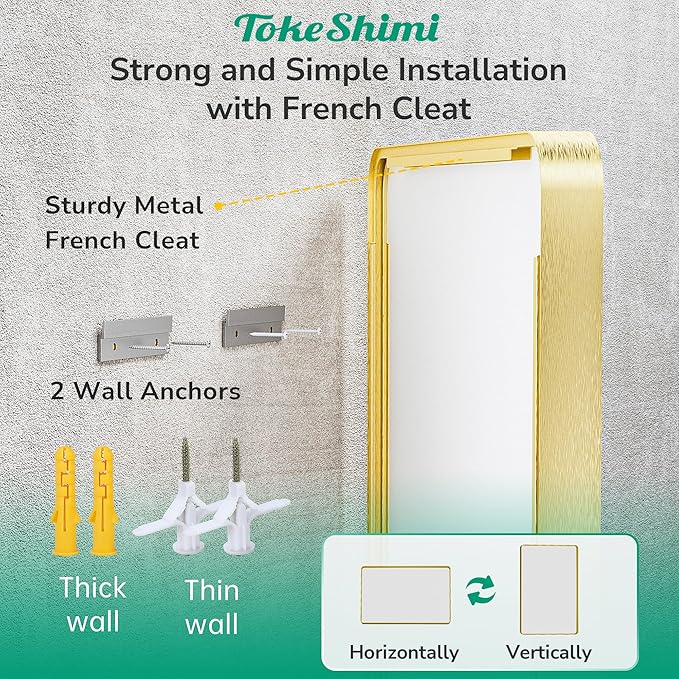 TokeShimi Brushed Gold Vanity Mirror 60x36,Bathroom Mirror Framed Aluminum,Tempered Glass,Rectangle Mirror for Bathroom,Shatterproof Bathroom Wall Mirror(Horizontal/Vertical)