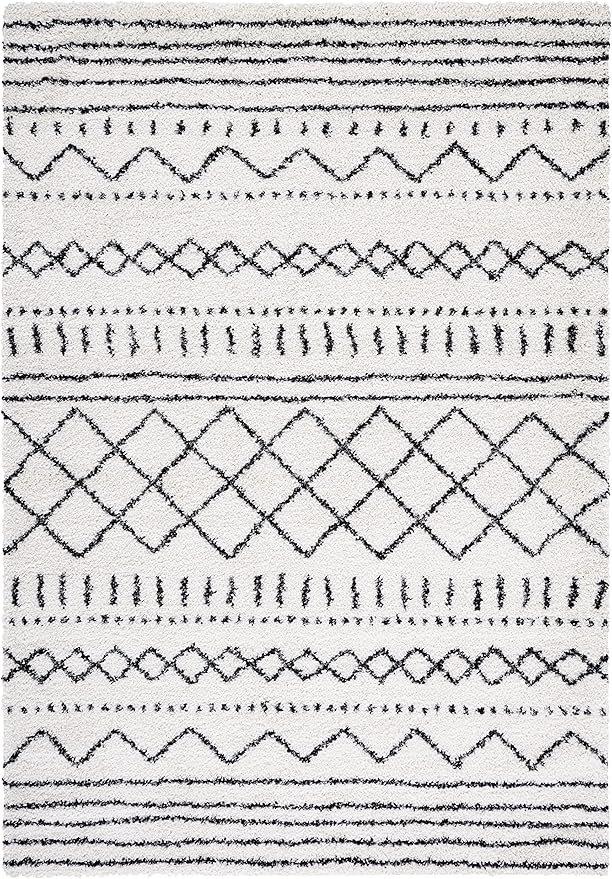 SAFAVIEH Arizona Shag Collection Area Rug - 6'7" x 9'2", Ivory & Black, Moroccan Design, Non-Shedding & Easy Care, 1.6-inch Thick Ideal for High Traffic Areas in Living Room, Bedroom (ASG741Z)