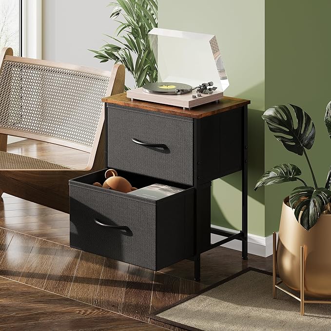 WLIVE Nightstand, 2 Drawer Dresser for Bedroom, Small Dresser with 2 Drawers, Bedside Furniture, Night Stand, End Table with Fabric Bins for Bedroom, Closet, Entryway, Black and Rustic Brown