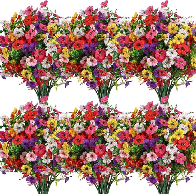 SHareconn 36 Bundles Artificial Flowers for Outdoors, Faux Plants Fake Silk Colorful Daisy Eucalyptus Lavender, UV Resistant for Outside Home Porch Patio Spring Decor, RedRosyPurpleYellowPinkWhite