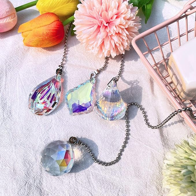 4 Pieces Crystal Ceiling Fan Pull Chain Decorative Rainbow Pull Chain Extension 20 Inch Ceiling Ornament with Ball Connector(Longan, Round, Polygon, Quadrilateral)