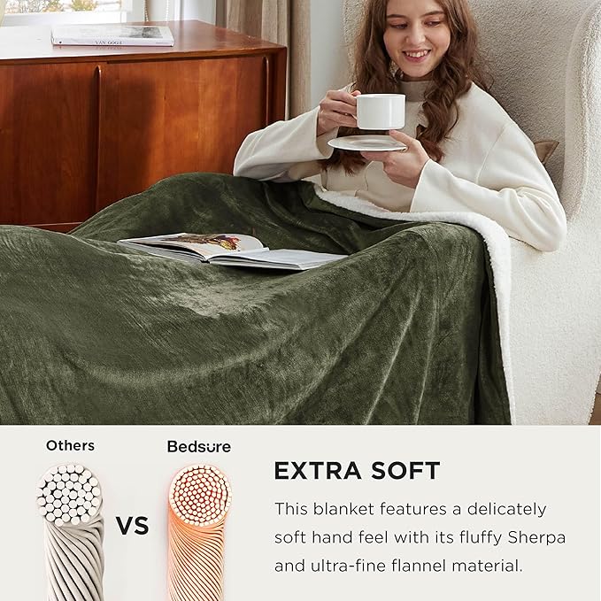 Bedsure GentleSoft Sherpa Fleece Oversized Cal King Blankets for Bed - Thick and Warm Throw for Women and Men, Soft Fuzzy Plush Large Blanket for Winter, Olive Green, 112x98 Inches