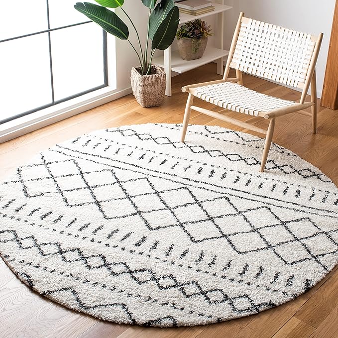 SAFAVIEH Arizona Shag Collection Area Rug - 3'2" Round, Ivory & Black, Moroccan Design, 1.6-inch Thick, Non-Shedding, Ideal for High Traffic Areas in Living Room, Bedroom, Dining (ASG741Z-3R)