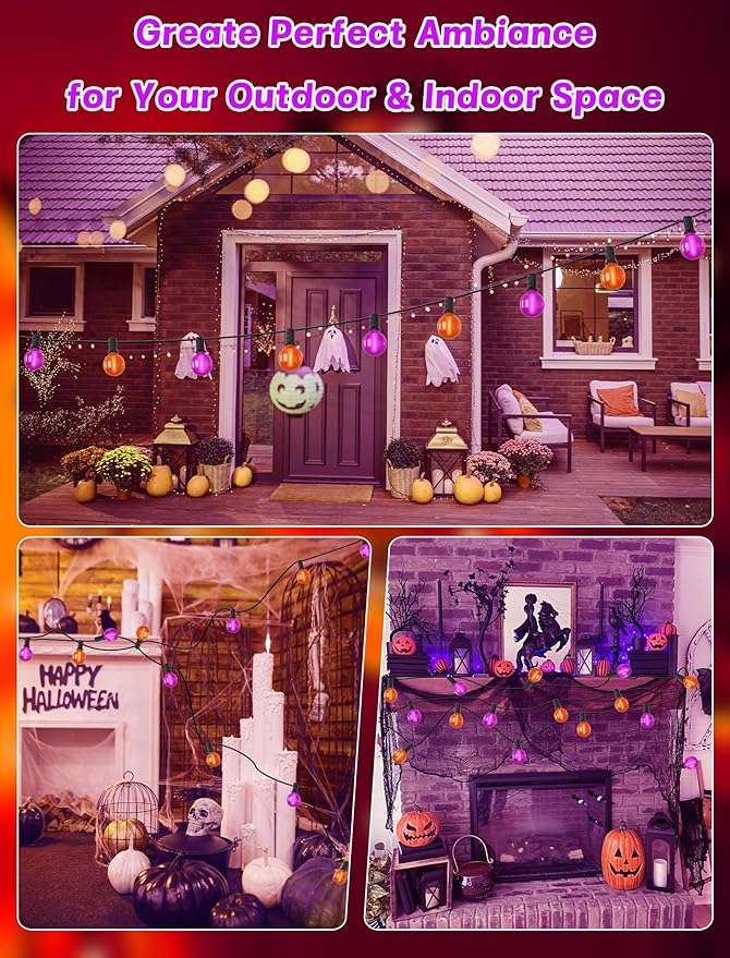 SUNSGNE 25ft Halloween String Lights Outdoor - G40 LED Orange and Purple String Lights with 27 Frosted Globe Bulbs(2 Spare), Vintage Halloween Decorations for Patio Balcony Porch Yard