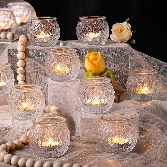 DARJEN 12Pcs Clear Votive Candle Holders - Round Glass Candle Holders for Tea Light Candle, Embossed Candle Votives for Wedding Centerpiece, Living Room & Home Table Decor