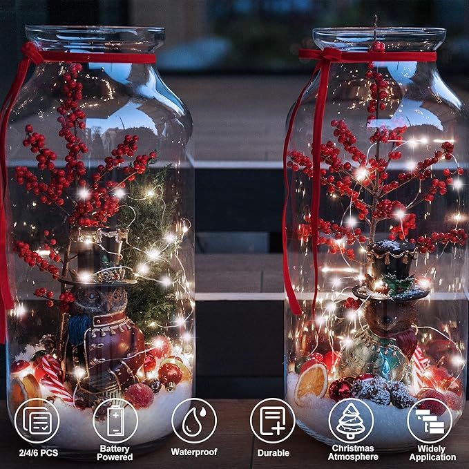 6 Pack Fairy Lights Battery Operated16.4Ft 50 LEDs Silver Copper Wire Twinkle Lights with 2 Lighting Modes for Christmas Bedroom Indoor Outdoor Wedding Decorations (Warm White)