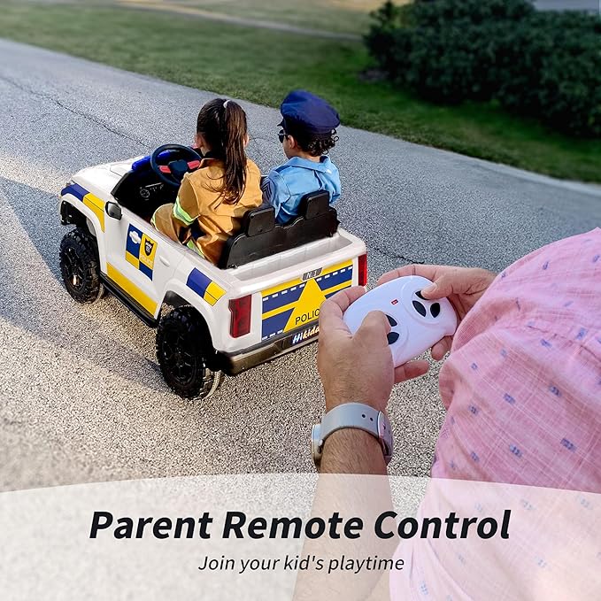 24V 10Ah Electric Police SUV Car Ride-On Toy for Big Kids, 4WD 2-Seater w/Parental Remote Control, 5Mph Max Speed - White