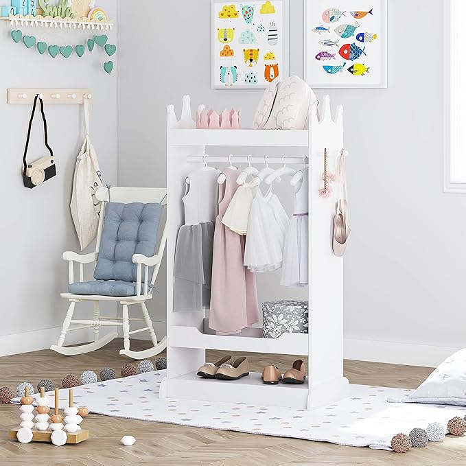 UTEX Kid’s See and Store Dress-up Center, Costume Closet for Kids, Open Hanging Armoire Closet, Pretend Storage, Costume Dresser(White)