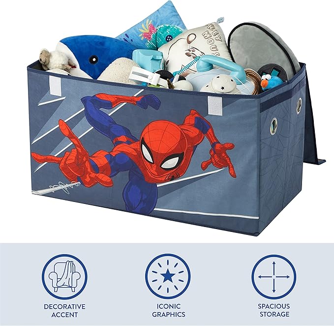 Idea Nuova Marvel Spiderman Toy Storage Trunk for Kids,Collapsible Organizer with Soft Lid, Durable Fabric, 28.5x14.5x16, Blue Chest for Bedroom & Playroom