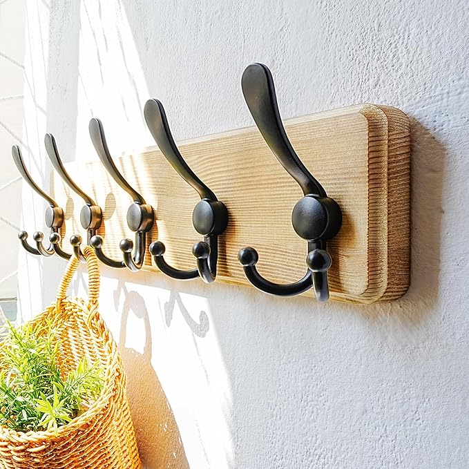 Dseap Coat Rack Wall Mount - Heavy-Duty Robust Rustic Wooden Wall Coat Hanger Hook Rail with 5 Triple Hooks for Winter Jacket & Hat Clothing, Light Brown & Black