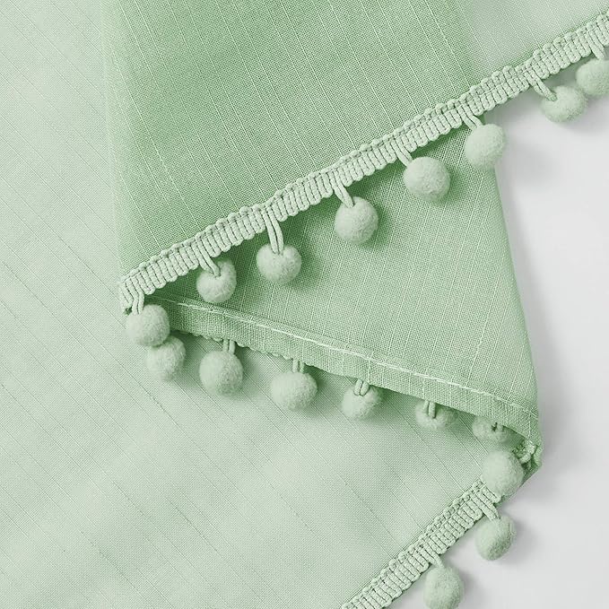 Treatmentex Pom-Pom Sheer Curtains for Living-Room Sage Green 84inch Slub Linen Textured Forest Sage Sheer Drapes for Birthday Party Décor 52" w, 2 Panels Rod Pocket