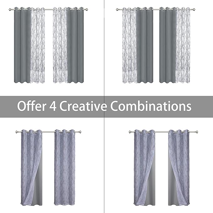 BONZER Mix and Match Curtains - 2 Pieces Branch Print Sheer Curtains and 2 Pieces Blackout Curtains for Bedroom Living Room Grommet Window Drapes, 37x95 Inch/Panel, Light Grey, Set of 4 Panels