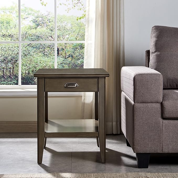 Laurent 20 in. Solid Wood End Table with Shelf and Drawer, Smoke Gray – Leick Home, 10507-GR