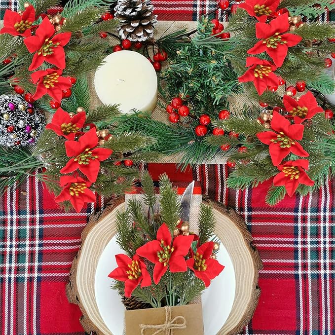 GTIDEA 6pcs Artificial Pine Branches Christmas Greenery Stems with Poinsettias Artificial Christmas Flowers and Berries Fake Green Plants for Xmas Tree Home Porch Table Centerpieces Vase Decor (13.4")