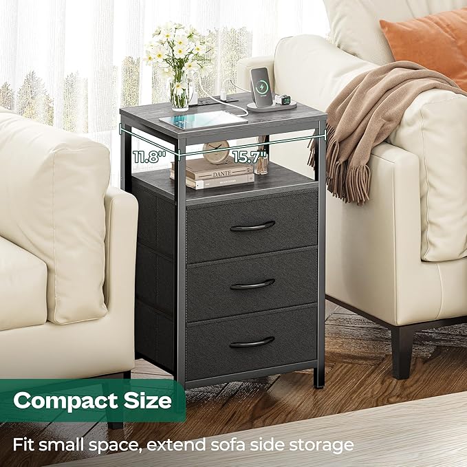 Huuger Nightstand with Charging Station, 27.6 Inch End Table Bedside Table with USB Ports and Outlets, Fabric Drawers, Night Stand for Bedroom, Charcoal Gray