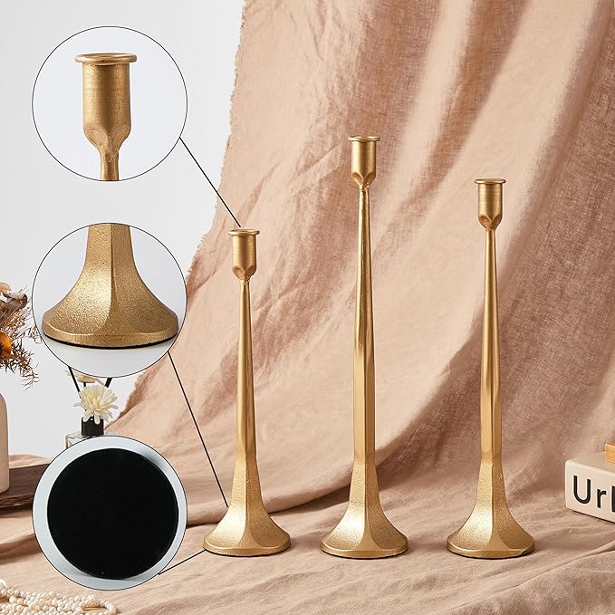 Denique Iron Taper Candle Holder Set of 3, Gold Candlestick Holders Decorative Candle Stand, Tapered Candle Holders Tall Set for Wedding, Dining Table, Home Decoration (Gold)