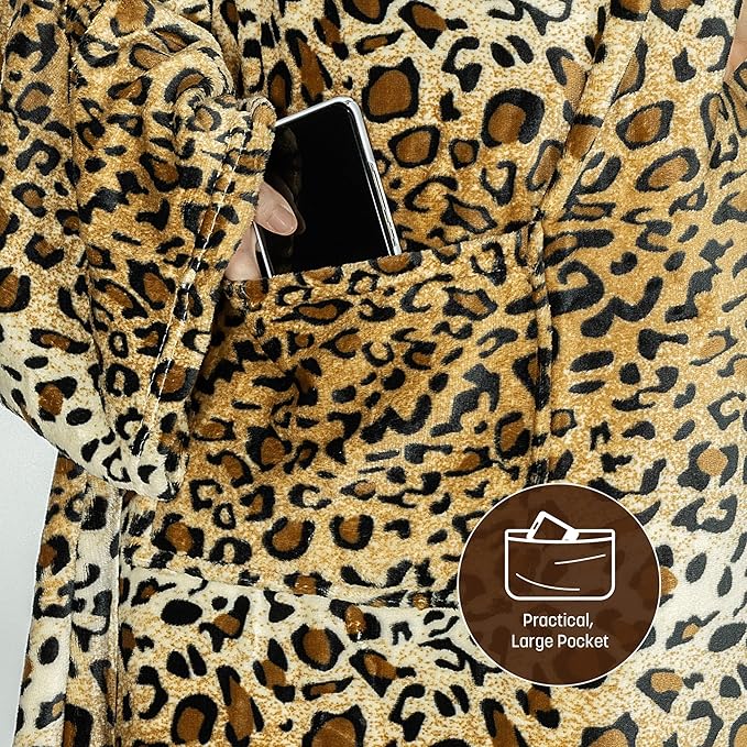 Catalonia Wearable Fleece Blanket with Sleeves and Foot Pockets for Adult Women Men, Micro Plush Comfy Wrap Sleeved Throw Blanket Robe Large, Cheetah
