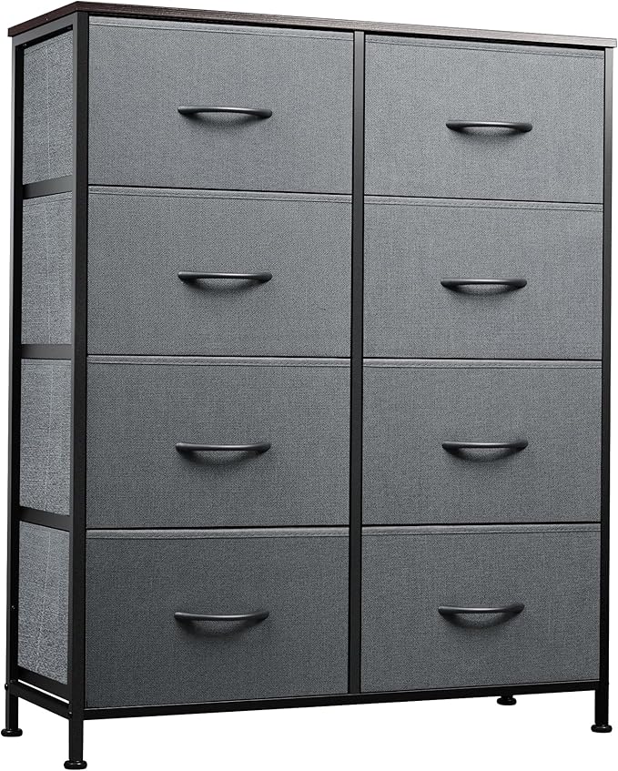 WLIVE Fabric Dresser for Bedroom, Tall Dresser with 8 Drawers, Storage Tower with Fabric Bins, Double Dressers, Chest of Drawers for Closet, Living Room, Hallway, Dark Gray