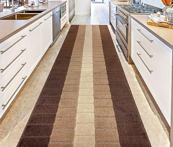 Custom Size Modern Geometric Pattern Carpet Runner Rug for Hallways, Slip Resistant Latex Rubber Backed, 31 inch Wide X Customized Length, Squares Brown, 31 inch X 25 feet