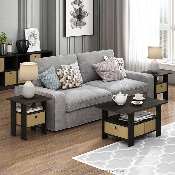 Furinno Andrey Set of 2 End / Side Table / Night Stand / Bedside Table with Bin Drawer, Espresso