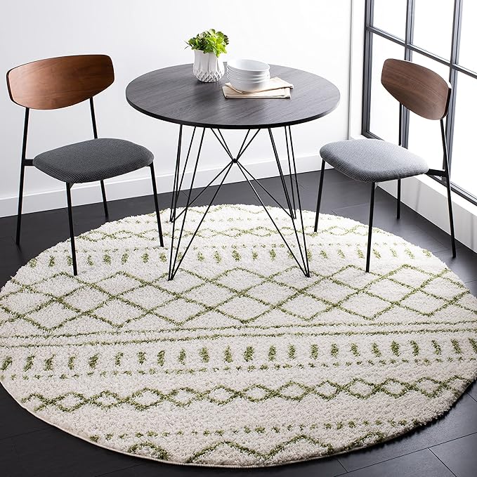 SAFAVIEH Arizona Shag Collection Area Rug - 5'1" Round, Ivory & Green, Moroccan Design, Non-Shedding & Easy Care, 1.6-inch Thick, Ideal for The Living Room, Dining, Bedroom (ASG741Y)