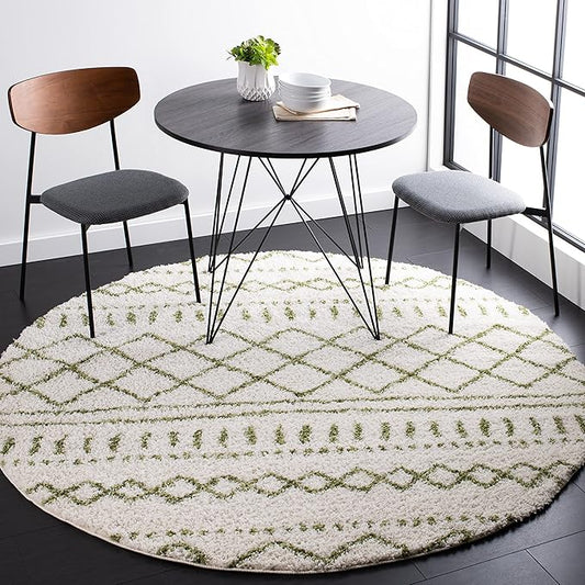 SAFAVIEH Arizona Shag Collection Area Rug - 5'1" Round, Ivory & Green, Moroccan Design, Non-Shedding & Easy Care, 1.6-inch Thick, Ideal for The Living Room, Dining, Bedroom (ASG741Y)