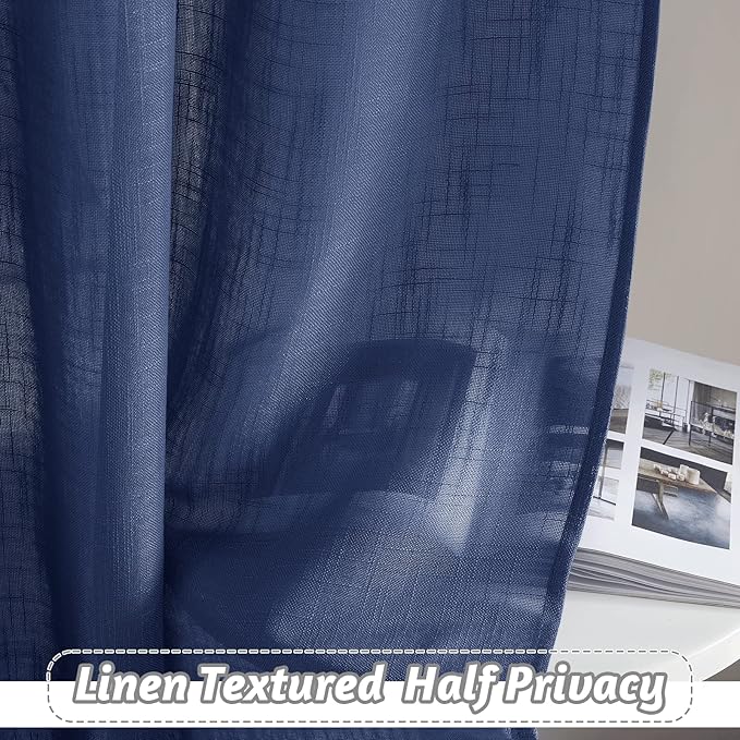 RYB HOME Semi Sheer Curtains - Linen Textured Sheer Light Glare Filter Extra Long Curtains Backdrop for Living Room Patio Door French Door Wall Decor, Navy Blue, 52 x 120 in per Panel, 1 Pair