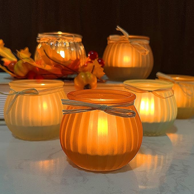 WDHODEC Fall Candle Holders Set of 6, Glass Pumpkin Tealight Votive Candle Holder for Halloween Thanksgiving Table Decoration