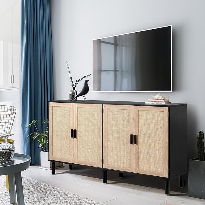 Finnhomy 4 Door Sideboard Buffet Cabinet, Kitchen Storage Cabinet with Rattan Decorated Doors, Cupboard Console Table, Boho Accent Liquor Cabinet, Bar Cabient, 62.3X 15.7X 34.6 Inches, Black