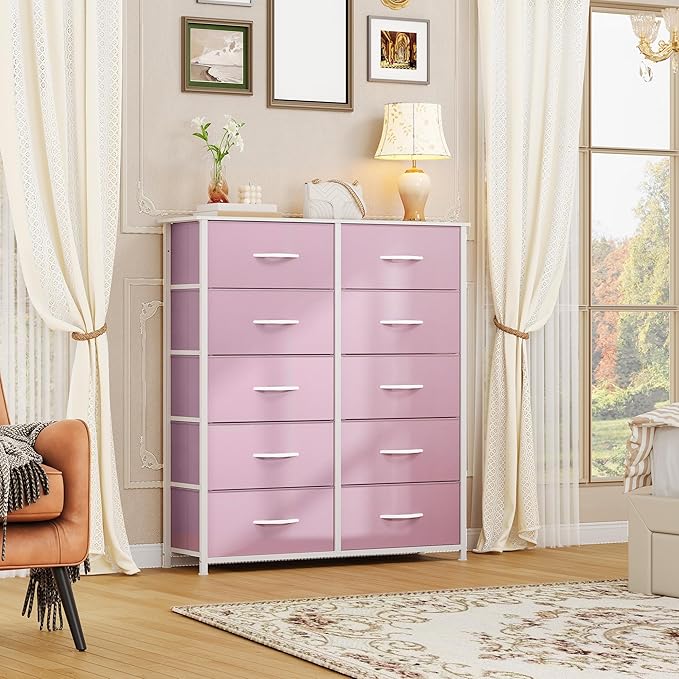 DWVO 10 Drawer Dresser - Fabric Storage Tower, Tall Chest Organizer Unit, Living Room, Hallway, Closets - Sturdy Steel Frame, Wooden Top & Easy Pull Fabric Bins, Pink