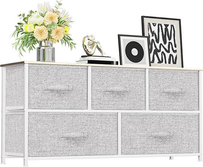 YITAHOME 5 Drawer Dresser - Fabric Storage Tower, Organizer Unit for Bedroom, Living Room, Hallway, Closets - Sturdy Steel Frame, Wooden Top & Easy Pull Fabric Bins