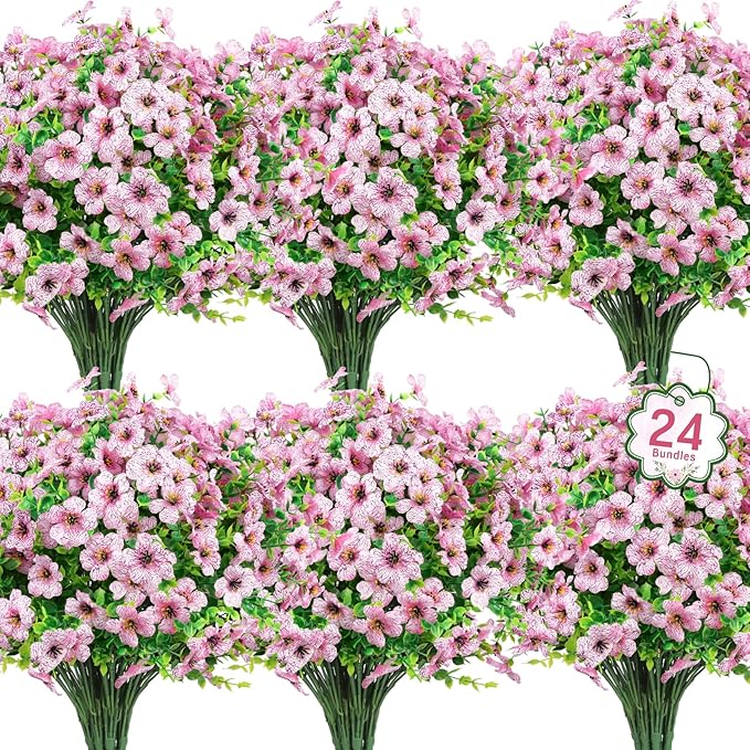Ouddy Decor 24 Bundles Artificial Flowers for Outdoors Fake Silk Flowers UV Resistant Faux Plastic Plants for Spring Summer Garden Porch Window Box Table Vase Home Indoor Outdoor Decoration, Pink
