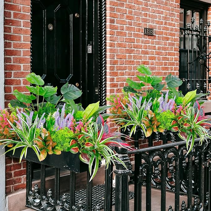 18PCS Outdoor Artificial Plants UV Resistant, Tropical Fake Flower Bushes, Mixed Faux Outdoor Greenery for Outside Planter Box, Porch, Balcony, Garden or Indoor Décor